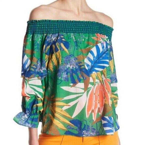 Off the Shoulder Ruffle Sleeve Tropical Palm Top - Picture 1 of 9